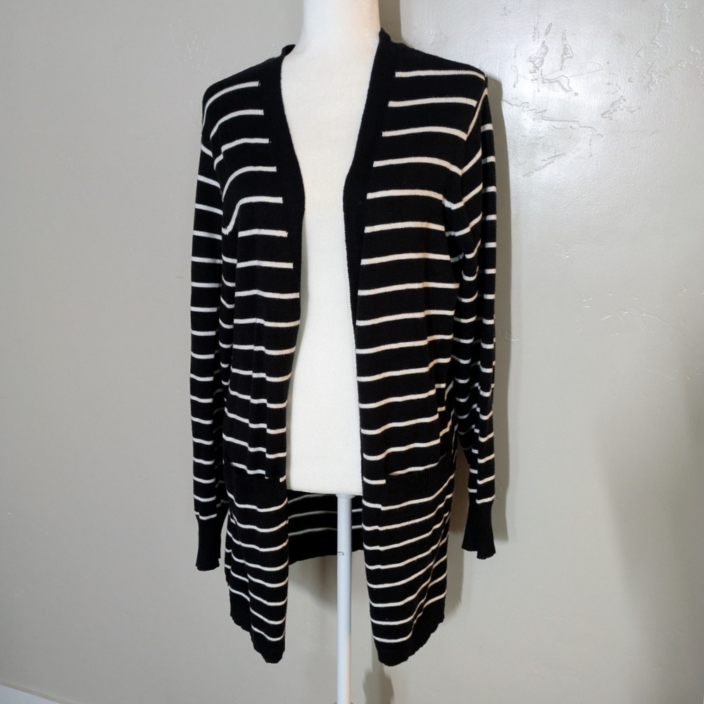 Tasamo Black White Striped Open Front‎ Longline Cardigan Sweater Women's Medium